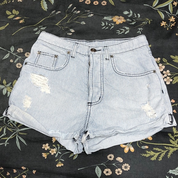 Carmar Pants - Carmar Striped Mid-Rise 100% Cotton Denim Distressed Jean Shorts Blue and White